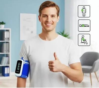 Man wearing Hingmed ABPM device on arm giving thumbs up