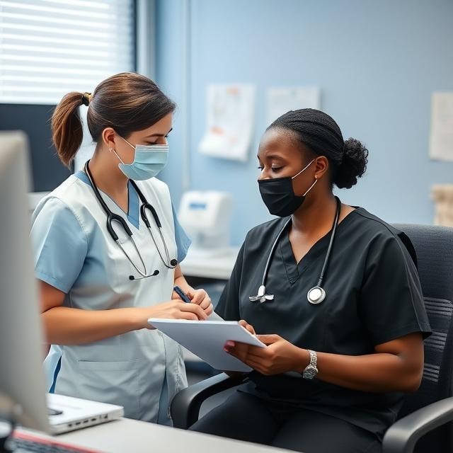 Two healthcare workers reviewing patient records together